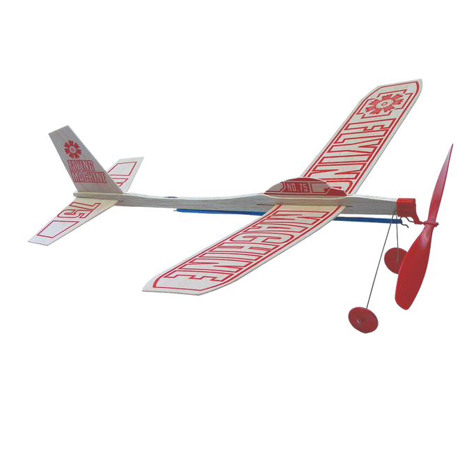 Handcrafted balsa wood flying model with red propeller and wingspan marked with bold lettering, designed for outdoor play, part of USA Made and Children's Toys collections.