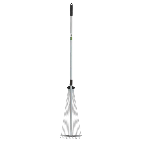 Adjustable garden rake with 15 steel tines and black rubber grips, featuring an expandable head for efficient leaf raking and compact storage, ideal for Farm, Garden & Tool and Lawncare collections.
