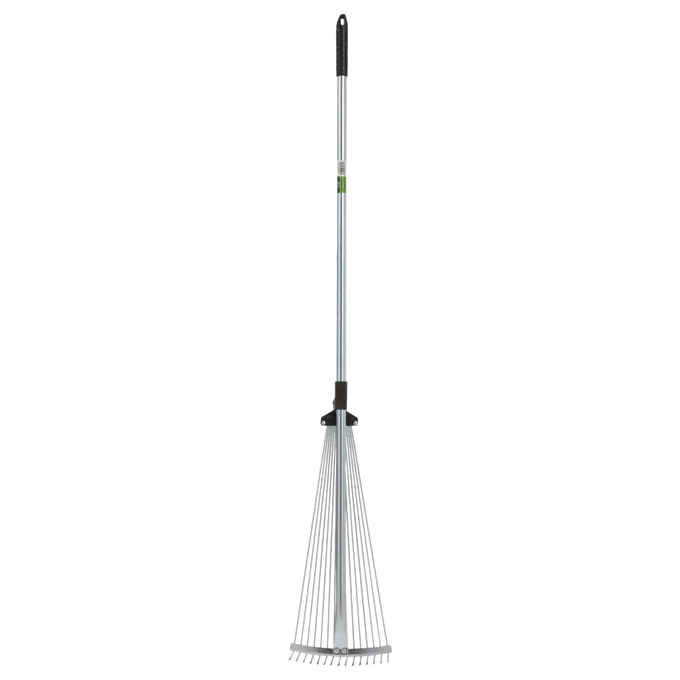 Adjustable garden rake with 15 steel tines and black rubber grips, featuring an expandable head for efficient leaf raking and compact storage, ideal for Farm, Garden & Tool and Lawncare collections.