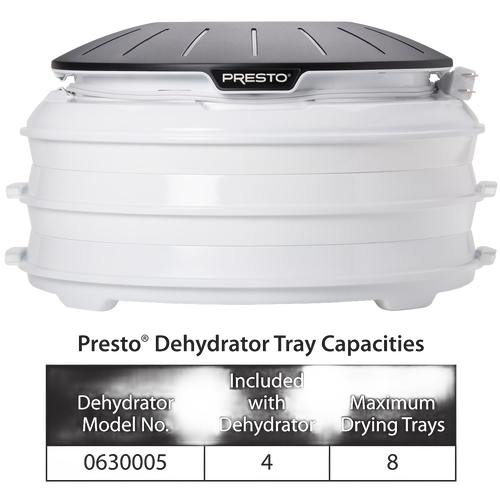 Stack of white plastic add-on drying trays with black lid for expanding food dehydrator capacity, featured in Kitchen & Food, Food Preservation, Drying, and Best Sellers collections.