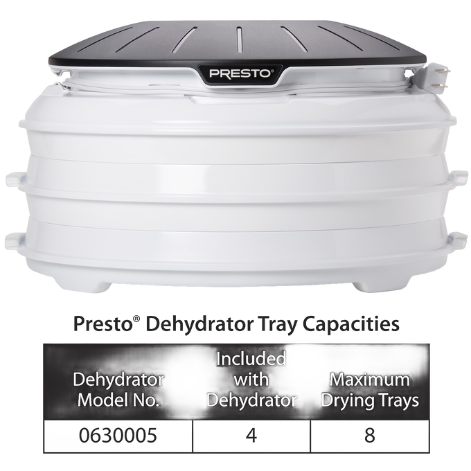 Stack of white plastic add-on drying trays with black lid for expanding food dehydrator capacity, featured in Kitchen & Food, Food Preservation, Drying, and Best Sellers collections.