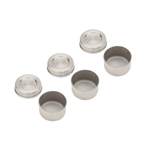 Set of three reusable stainless steel condiment containers with airtight silicone gasket lids, designed for leak-resistant storage, part of Kitchen & Food and Storage and Serving collections.