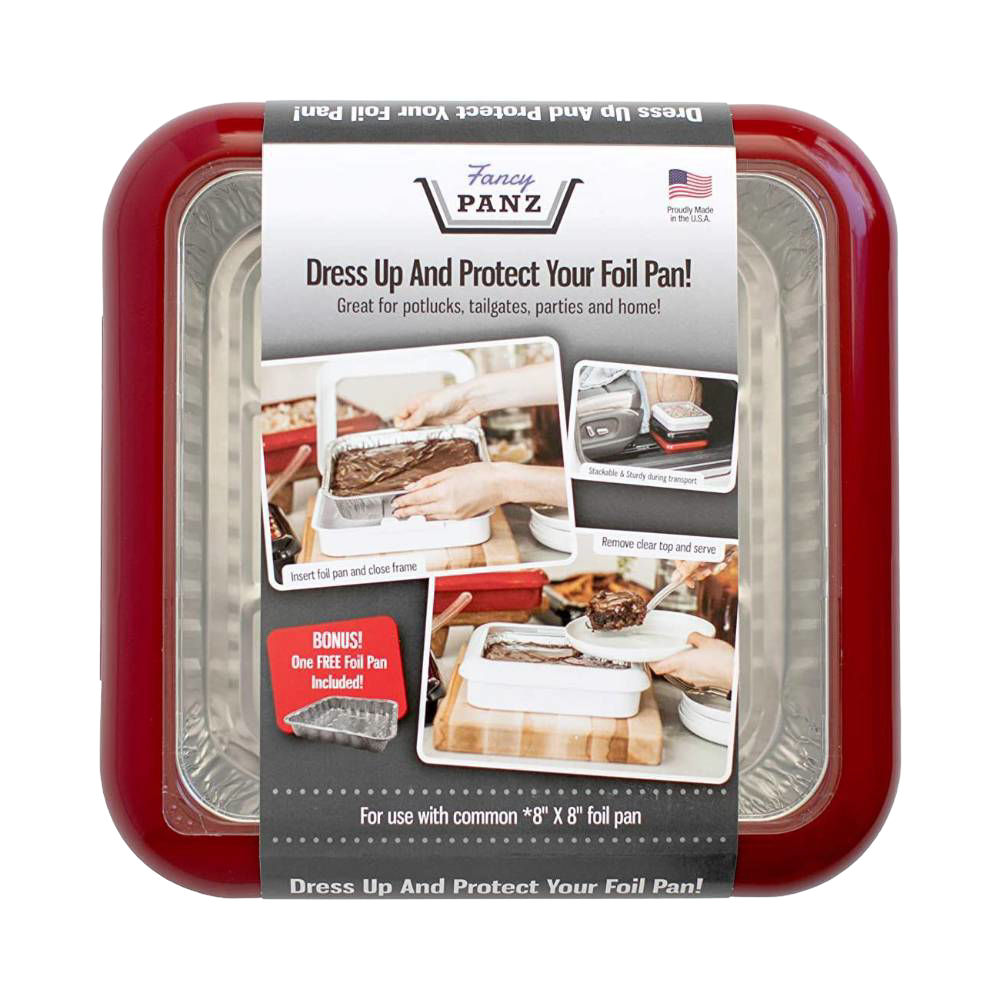 Red travel cover for 8x8 foil pans featuring a removable clear window for serving, designed for sturdy transport and protection in Kitchen & Food, Kitchen Gadgets, and USA Made collections.