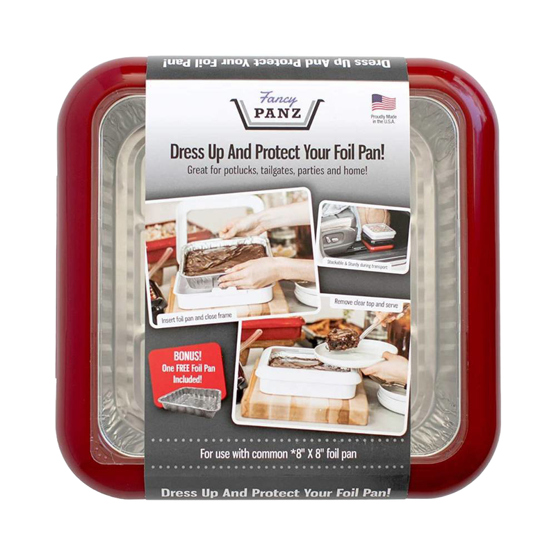 Red travel cover for 8x8 foil pans featuring a removable clear window for serving, designed for sturdy transport and protection in Kitchen & Food, Kitchen Gadgets, and USA Made collections.