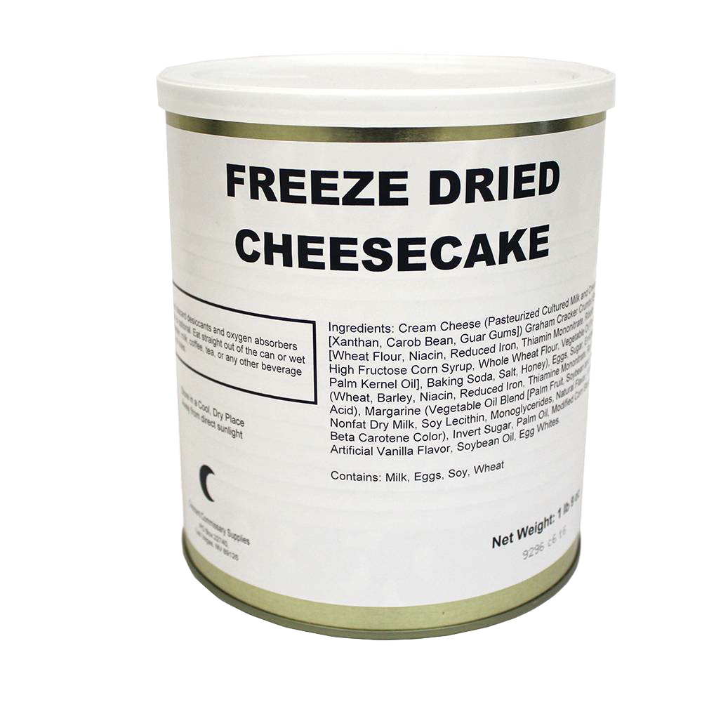 Can of freeze-dried cheesecake with clear label showing ingredients and nutritional information, ideal for long-term food storage in emergency supplies, kitchen, and freeze dried collections.