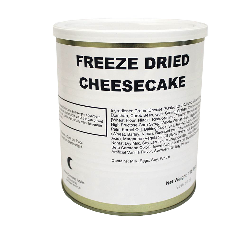 Can of freeze-dried cheesecake with clear label showing ingredients and nutritional information, ideal for long-term food storage in emergency supplies, kitchen, and freeze dried collections.