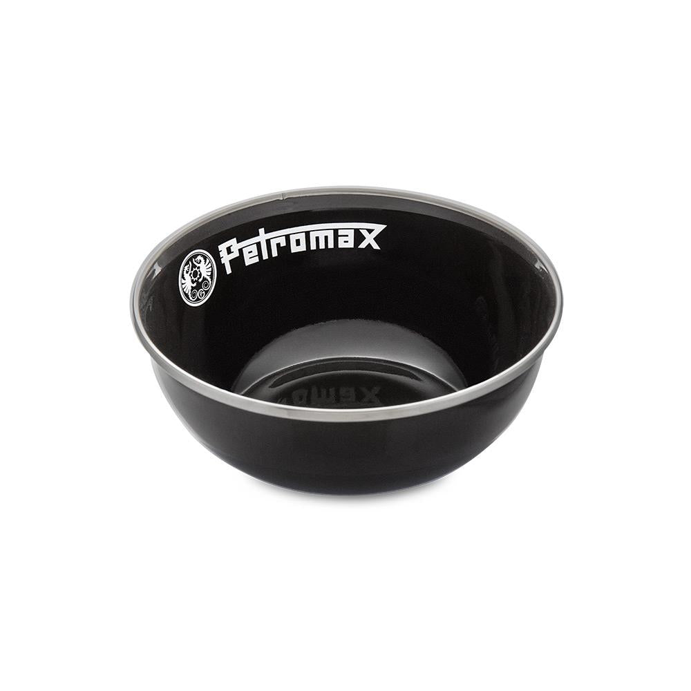 Black enamel bowl with light-colored rim and logo, crafted for durable, heat- and scratch-resistant outdoor use, ideal for Farm, Garden & Tool, Kitchen & Food, Camping, and Dinnerware collections.