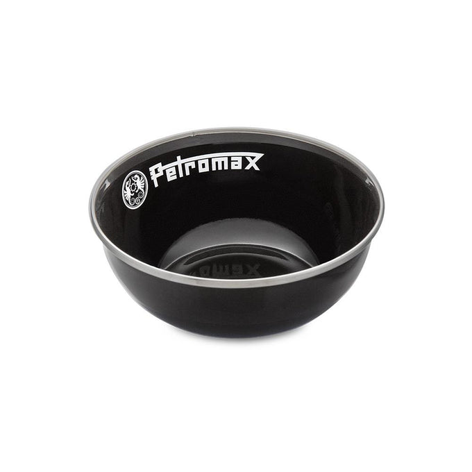 Black enamel bowl with light-colored rim and logo, crafted for durable, heat- and scratch-resistant outdoor use, ideal for Farm, Garden & Tool, Kitchen & Food, Camping, and Dinnerware collections.