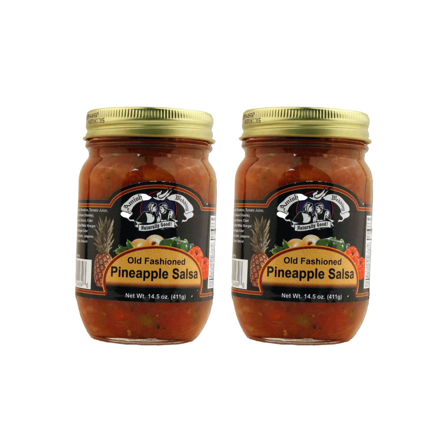 Two 14.5-ounce jars of handcrafted Amish-style pineapple salsa with thick, chunky texture, made in USA, suitable for Kitchen & Food, Snacks and Sweets, Pantry, USA Made, and Best Sellers collections.