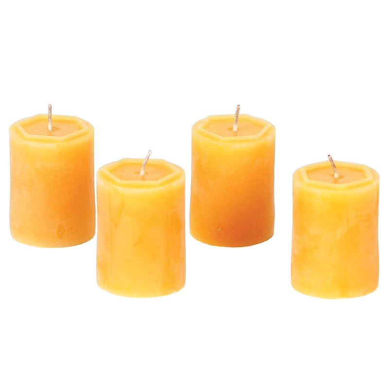 Set of four handcrafted votive candles made from pure beeswax in warm honey tones, featuring long burn times and included in USA Made and best sellers collections.