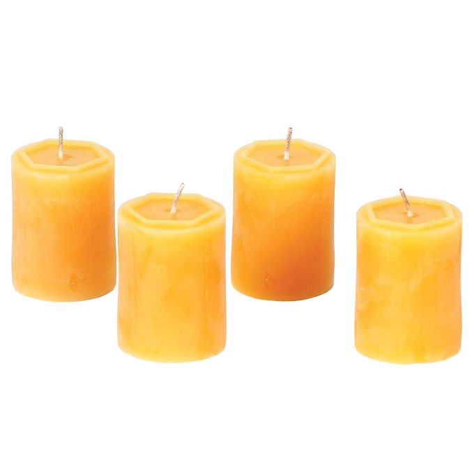 Set of four handcrafted votive candles made from pure beeswax in warm honey tones, featuring long burn times and included in USA Made and best sellers collections.