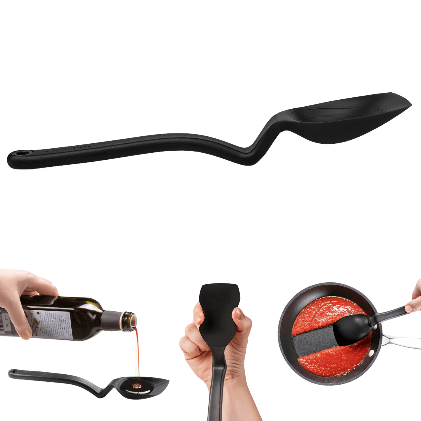 Black flexible silicone scraping spoon with an angled handle for scooping, measuring, stirring, and serving, shown in Kitchen & Food, Food Prep, Measuring, and Cooking Helpers collections.