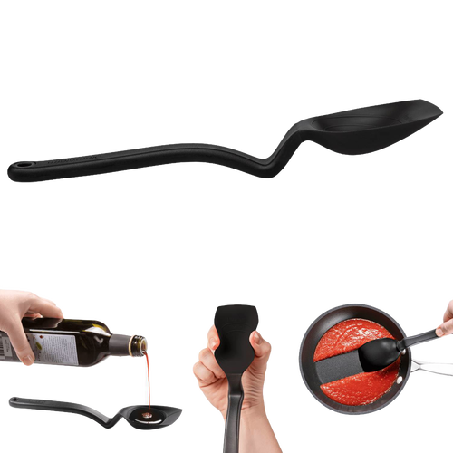 Black flexible silicone scraping spoon with an angled handle for scooping, measuring, stirring, and serving, shown in Kitchen & Food, Food Prep, Measuring, and Cooking Helpers collections.