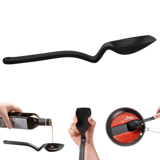 Black flexible silicone scraping spoon with an angled handle for scooping, measuring, stirring, and serving, shown in Kitchen & Food, Food Prep, Measuring, and Cooking Helpers collections.