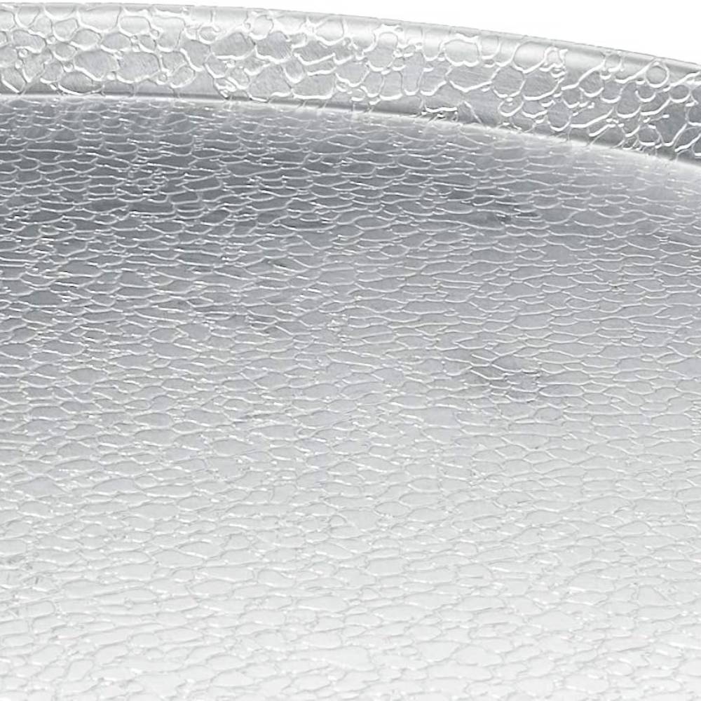 Close-up of a 15-inch aluminum pizza pan with a distinctive pebble pattern surface, crafted for natural non-stick performance in cookware and kitchen use.