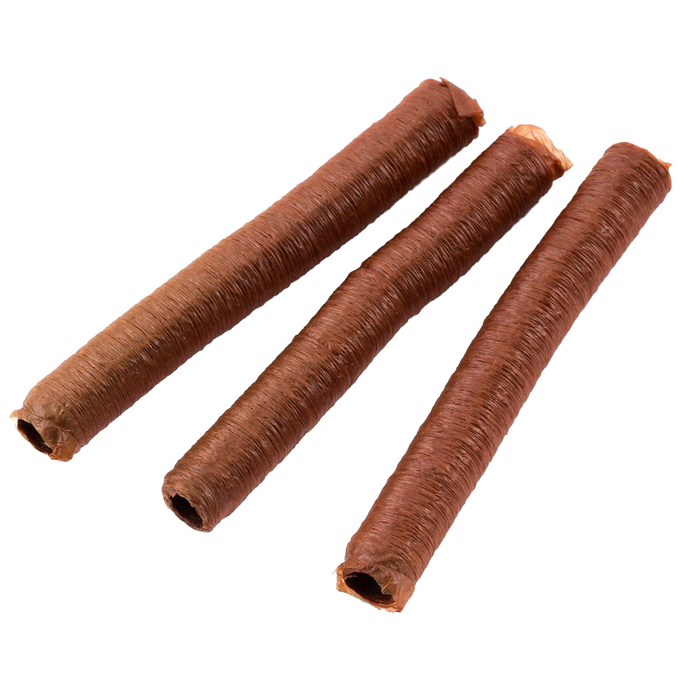 Three tightly coiled brown collagen sausage casings ideal for making snack sticks, featured in Kitchen & Food, Specialty Equipment, Butchering Supplies, and Best Sellers collections.
