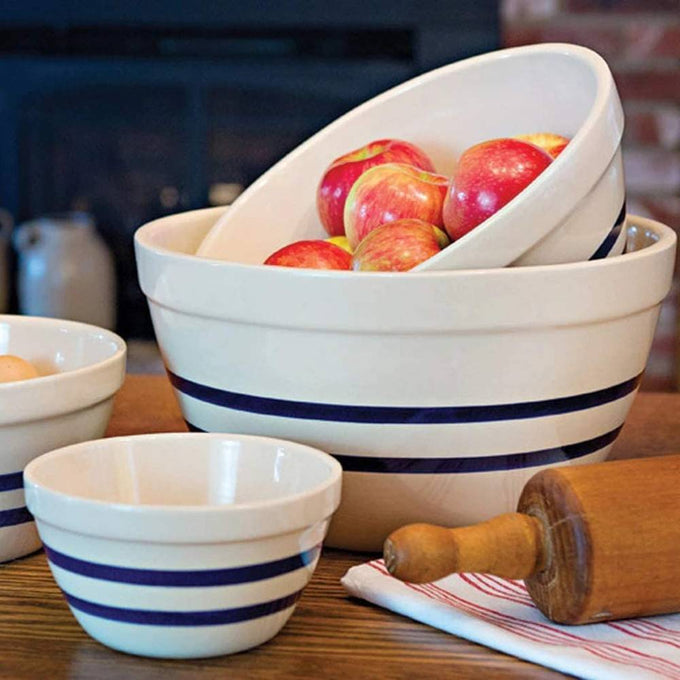 Set of handcrafted USA-made stoneware shoulder bowls with classic blue stripes, ideal for mixing, baking, serving, and storage in Kitchen & Food, Cookware, and Baking Supplies collections.