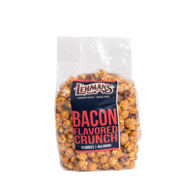 Clear bag of handcrafted bacon flavored popcorn crunch with large red and black label, made in USA, featured in Kitchen & Food, Snacks and Sweets, Popcorn, and Best Sellers collections.