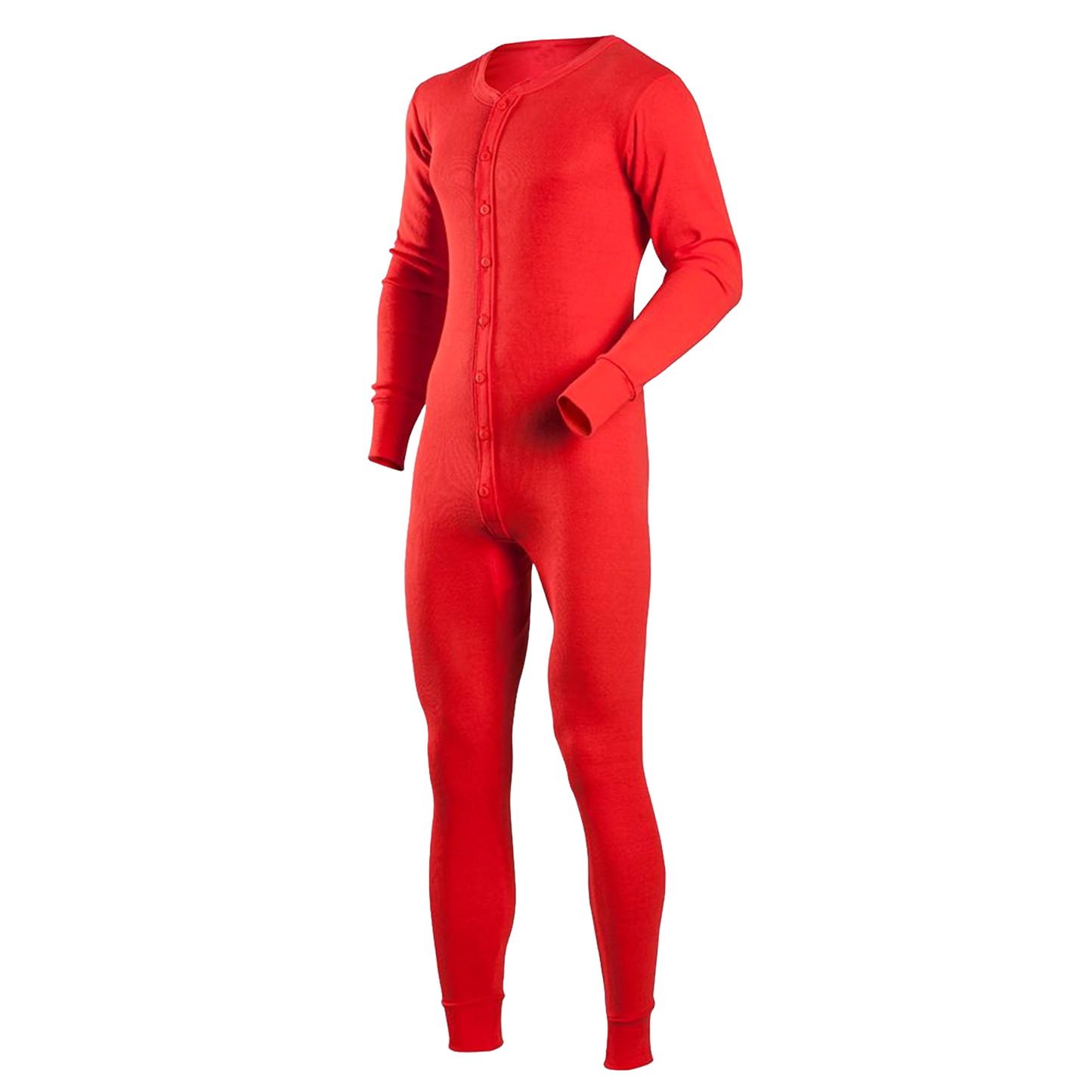 Handcrafted full-cut cotton thermal union suit in bright red with a smooth 1x1 rib knit and full button front, featured in Health & Wellness, Clothing and Accessories, Best Sellers, and Promo Eligible collections.