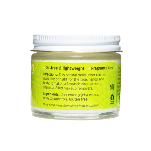 Glass jar of oil-free and fragrance-free jojoba cream moisturizer with green label highlighting natural ingredients, lightweight formula, and skin application directions, part of Health & Wellness and USA Made collections.