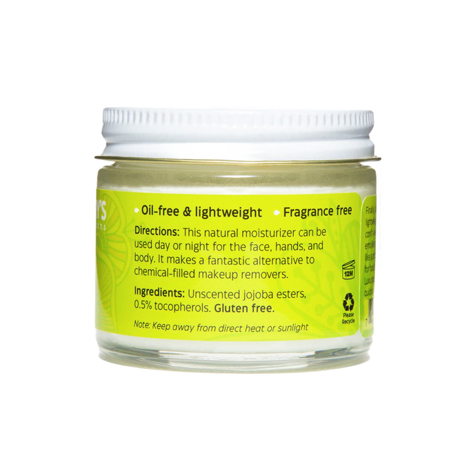Glass jar of oil-free and fragrance-free jojoba cream moisturizer with green label highlighting natural ingredients, lightweight formula, and skin application directions, part of Health & Wellness and USA Made collections.