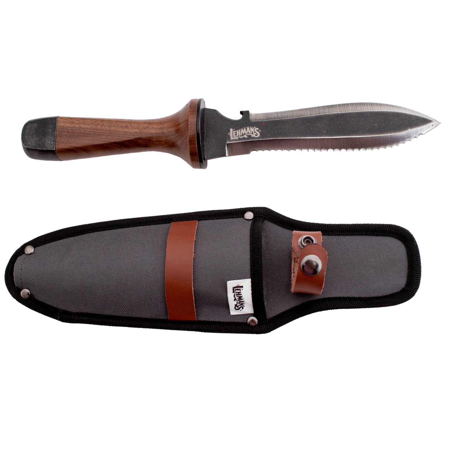 Garden knife with a hardened steel blade and wooden handle next to a black fabric sheath with leather strap, ideal for digging and cultivating in Farm, Garden & Tool collections.