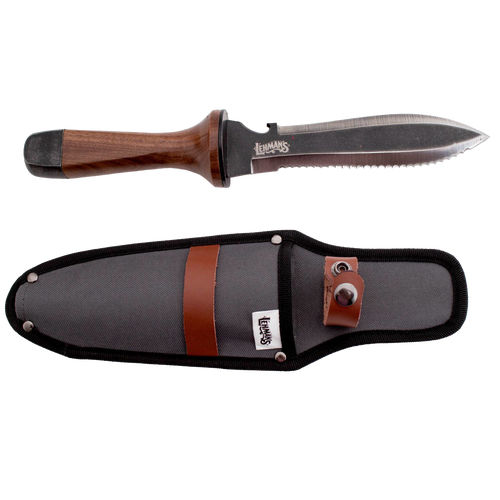 Garden knife with a hardened steel blade and wooden handle next to a black fabric sheath with leather strap, ideal for digging and cultivating in Farm, Garden & Tool collections.