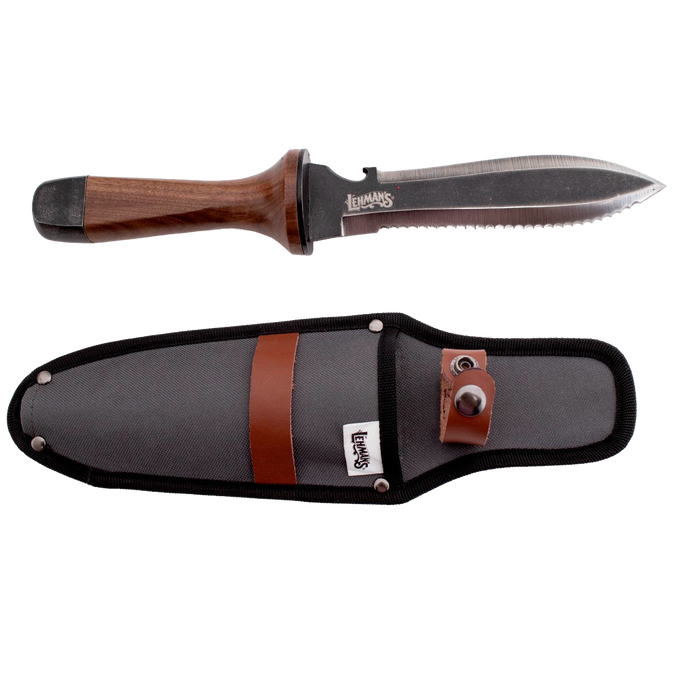 Garden knife with a hardened steel blade and wooden handle next to a black fabric sheath with leather strap, ideal for digging and cultivating in Farm, Garden & Tool collections.