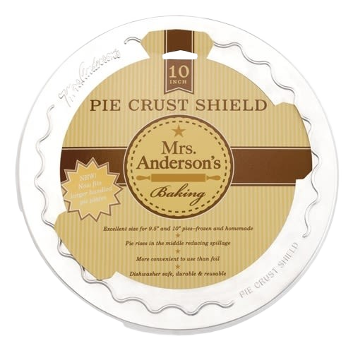 Round aluminum pie crust shield with scalloped edge to protect crust edges from burning during baking, reusable and dishwasher safe, ideal for baking supplies and kitchen gadgets.