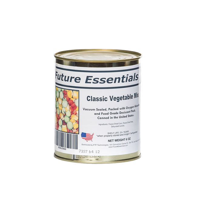 Can of classic vegetable mix featuring freeze-dried corn, peas, and carrots, vacuum sealed for long-term storage, made in USA, part of Kitchen & Food, Freeze Dried, and Best Sellers collections.