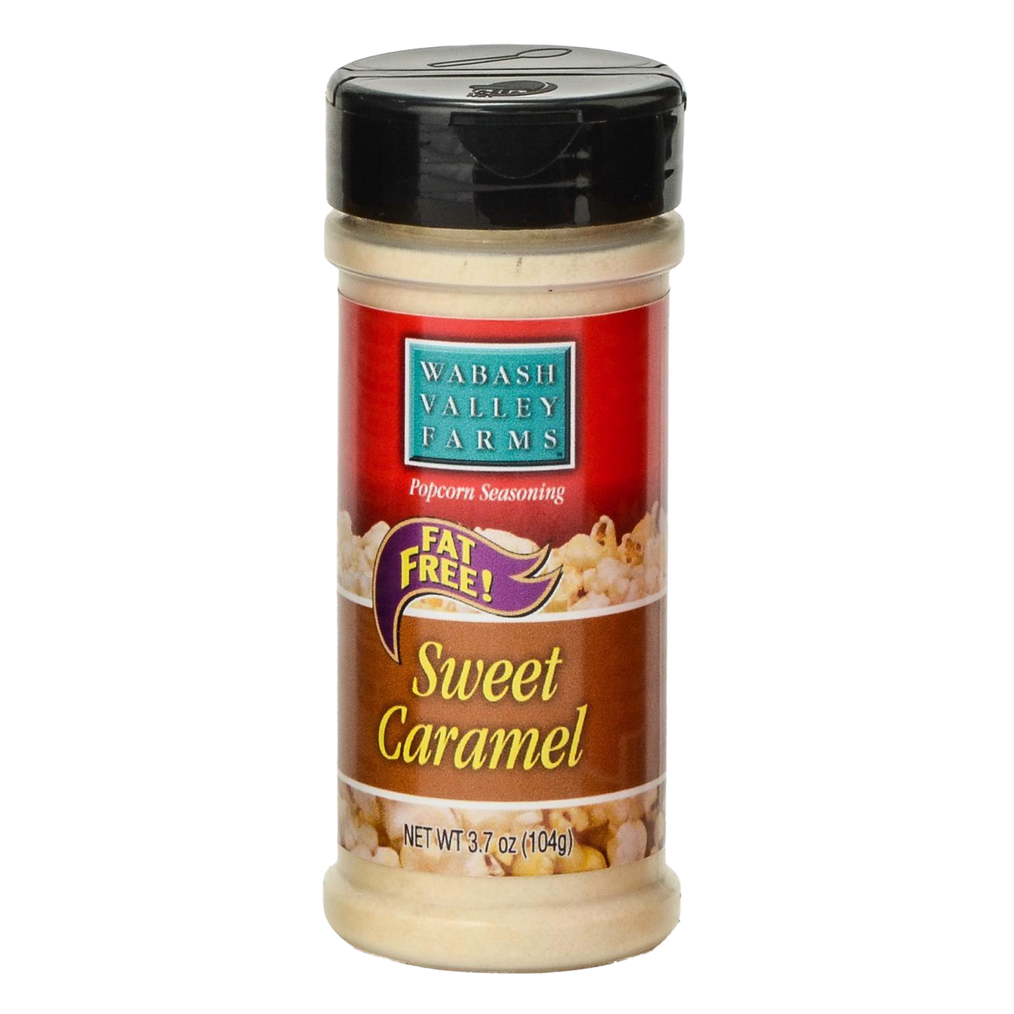 Clear plastic shaker bottle with black lid containing handcrafted sweet caramel popcorn seasoning, labeled Fat Free and made in the USA, featured in Kitchen & Food and Popcorn collections.