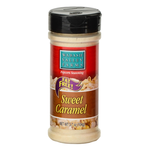 Clear plastic shaker bottle with black lid containing handcrafted sweet caramel popcorn seasoning, labeled Fat Free and made in the USA, featured in Kitchen & Food and Popcorn collections.