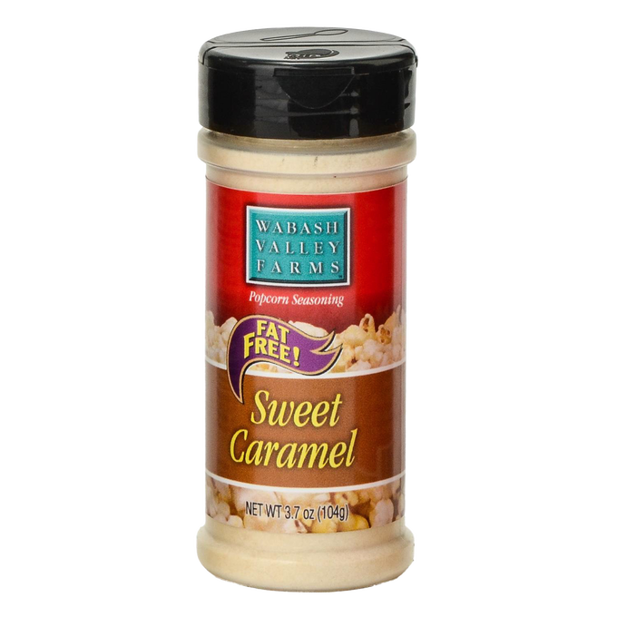 Clear plastic shaker bottle with black lid containing handcrafted sweet caramel popcorn seasoning, labeled Fat Free and made in the USA, featured in Kitchen & Food and Popcorn collections.