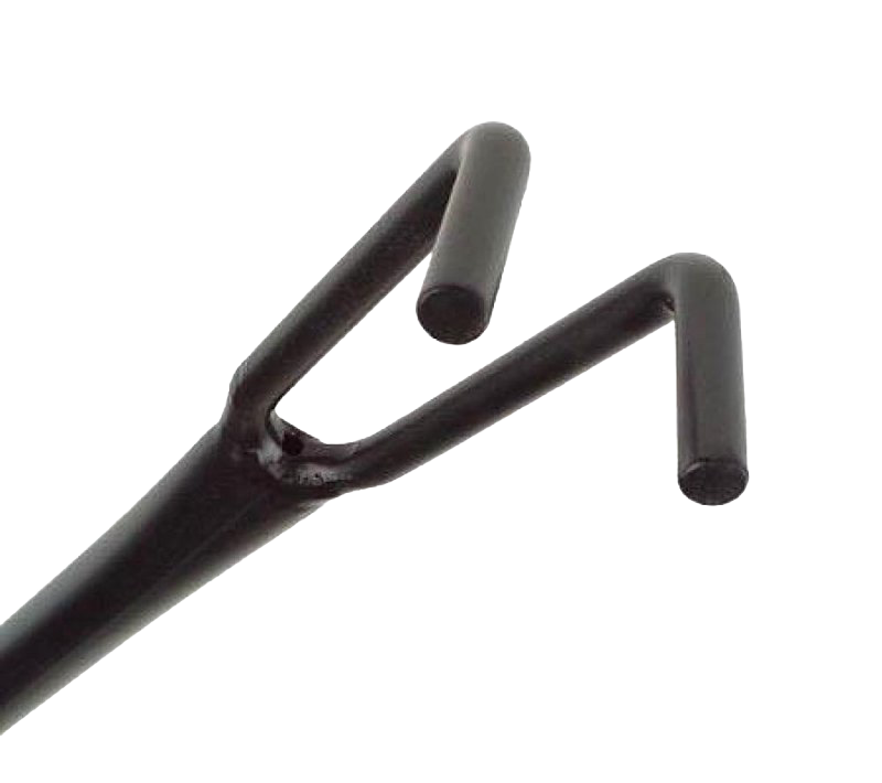 Close-up of the black powder-coated steel fire building utensil’s dual-pronged claw used for moving logs and coals, featured in Stoves and Hearth Accessories collections.