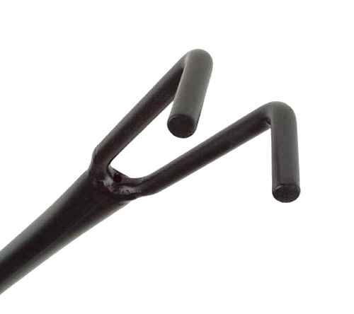 Close-up of the black powder-coated steel fire building utensil’s dual-pronged claw used for moving logs and coals, featured in Stoves and Hearth Accessories collections.