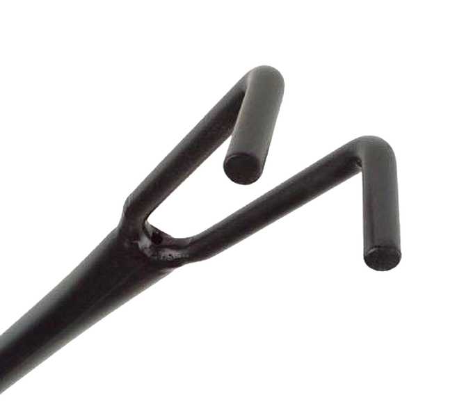 Close-up of the black powder-coated steel fire building utensil’s dual-pronged claw used for moving logs and coals, featured in Stoves and Hearth Accessories collections.