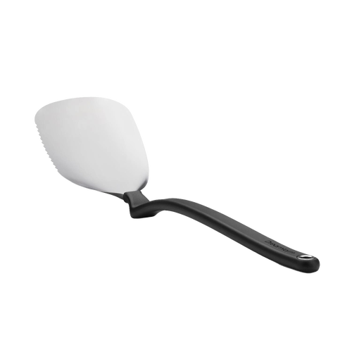 Flexible stainless steel grill spatula with a black ergonomic handle, designed for flipping, cutting, and scraping, featured in Kitchen & Food, Grilling, and Best Sellers collections.