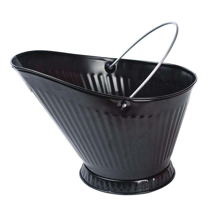 Handcrafted reinforced coal hod with continuous steel rod bail handle and dust-tight folded seams, designed for easy pouring and suited for Stoves, Hearth Accessories, and Best Sellers collections.