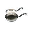 Two stainless steel skillets with black handles featuring thick aluminum cores for quick heating, crafted for Kitchen & Food, Cookware, Pots and Pans, Best Sellers, and Promo Eligible collections.
