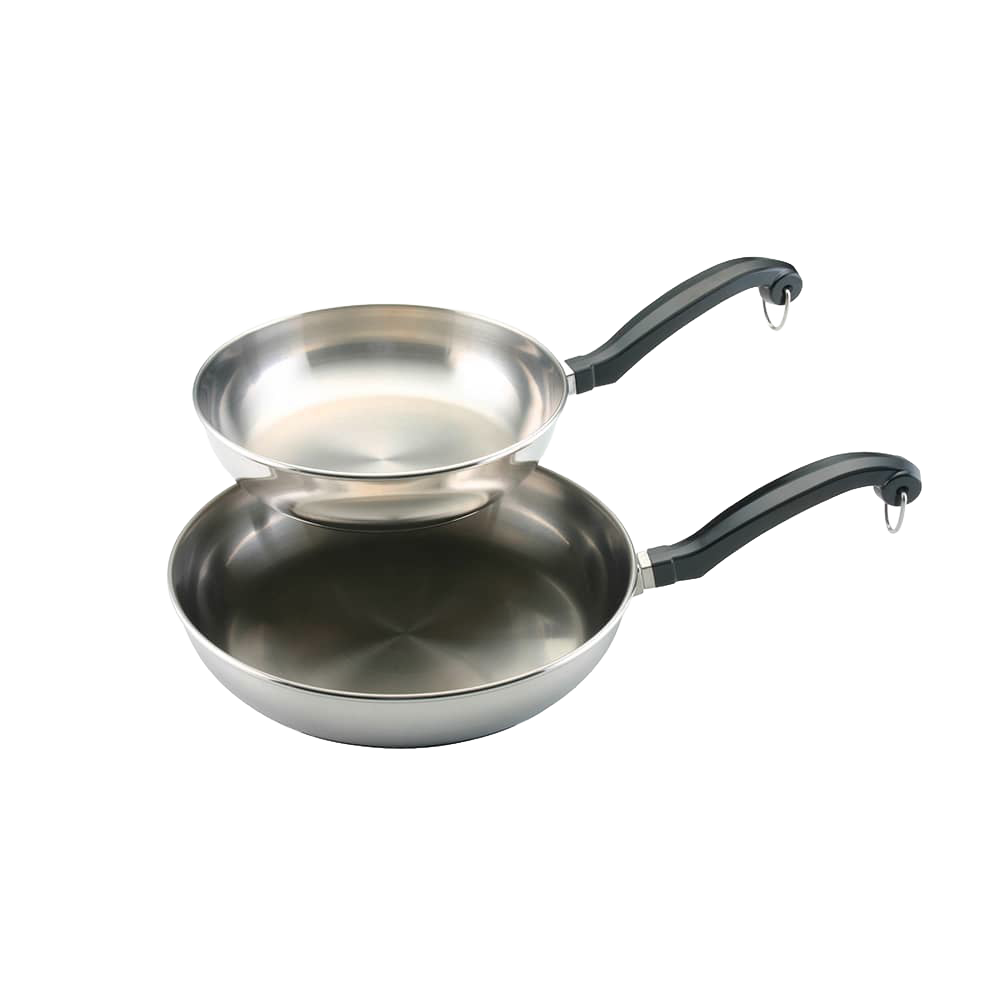 Two stainless steel skillets with black handles featuring thick aluminum cores for quick heating, crafted for Kitchen & Food, Cookware, Pots and Pans, Best Sellers, and Promo Eligible collections.