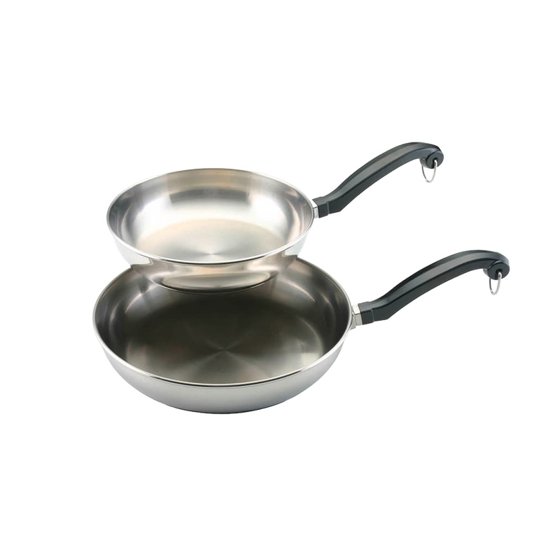 Two stainless steel skillets with black handles featuring thick aluminum cores for quick heating, crafted for Kitchen & Food, Cookware, Pots and Pans, Best Sellers, and Promo Eligible collections.