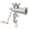 Hand-cranked manual meat grinder with clamp-on base and wooden handle, designed for easy medium and coarse grinding, featured in Kitchen & Food, Specialty Equipment, and Butchering Supplies collections.