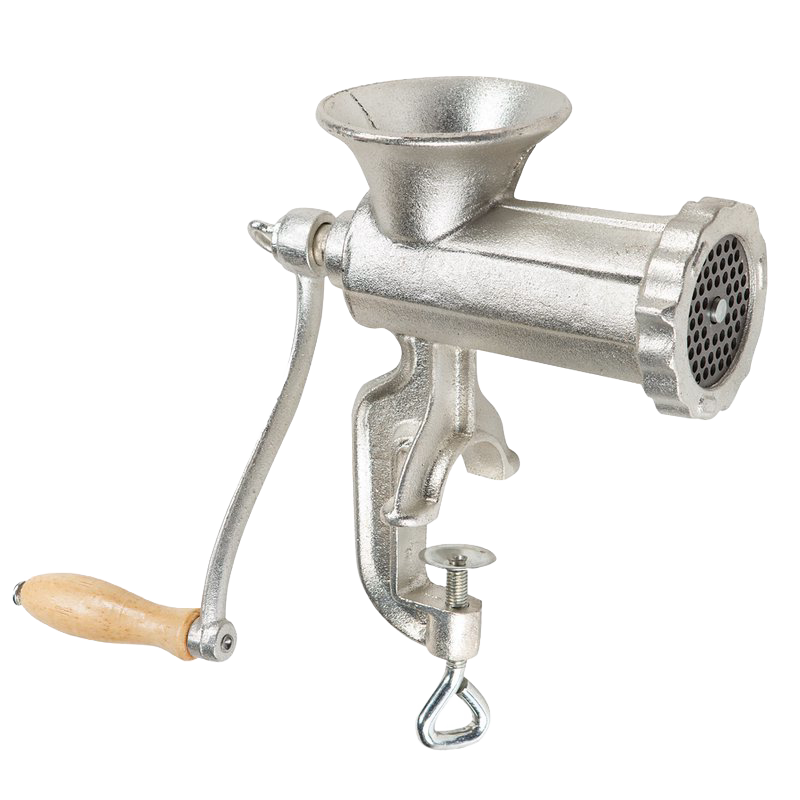 Hand-cranked manual meat grinder with clamp-on base and wooden handle, designed for easy medium and coarse grinding, featured in Kitchen & Food, Specialty Equipment, and Butchering Supplies collections.