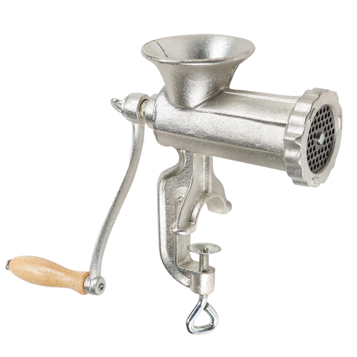 Hand-cranked manual meat grinder with clamp-on base and wooden handle, designed for easy medium and coarse grinding, featured in Kitchen & Food, Specialty Equipment, and Butchering Supplies collections.