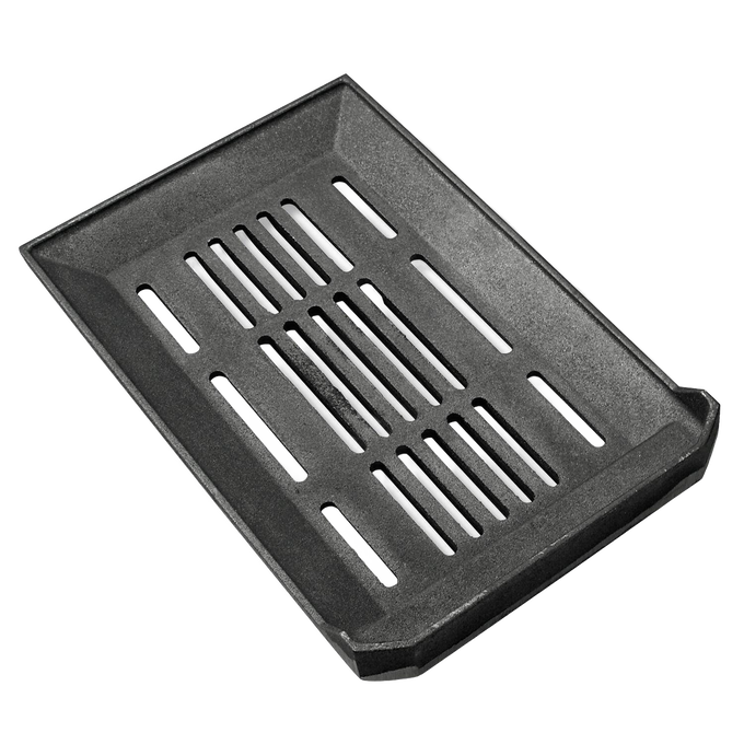 Black metal height adjustable grate with vented slots, designed to fit a cookstove firebox, featured in Stoves, Cookstoves, Hearth Accessories, Best Sellers, and Promo Eligible collections.