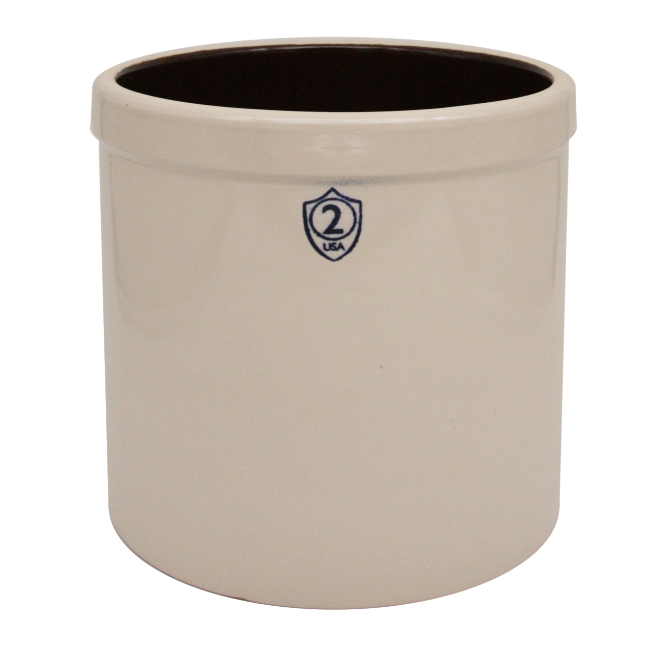 Cream-colored stoneware crock stamped with a number 2 and USA mark, handcrafted and ideal for fermenting and pickling, part of Kitchen & Food and Food Preservation collections.