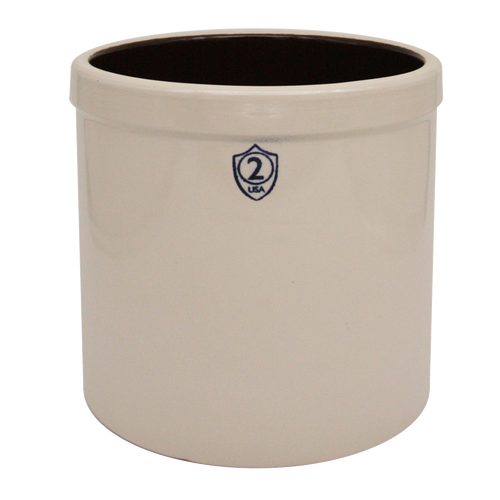 Cream-colored stoneware crock stamped with a number 2 and USA mark, handcrafted and ideal for fermenting and pickling, part of Kitchen & Food and Food Preservation collections.