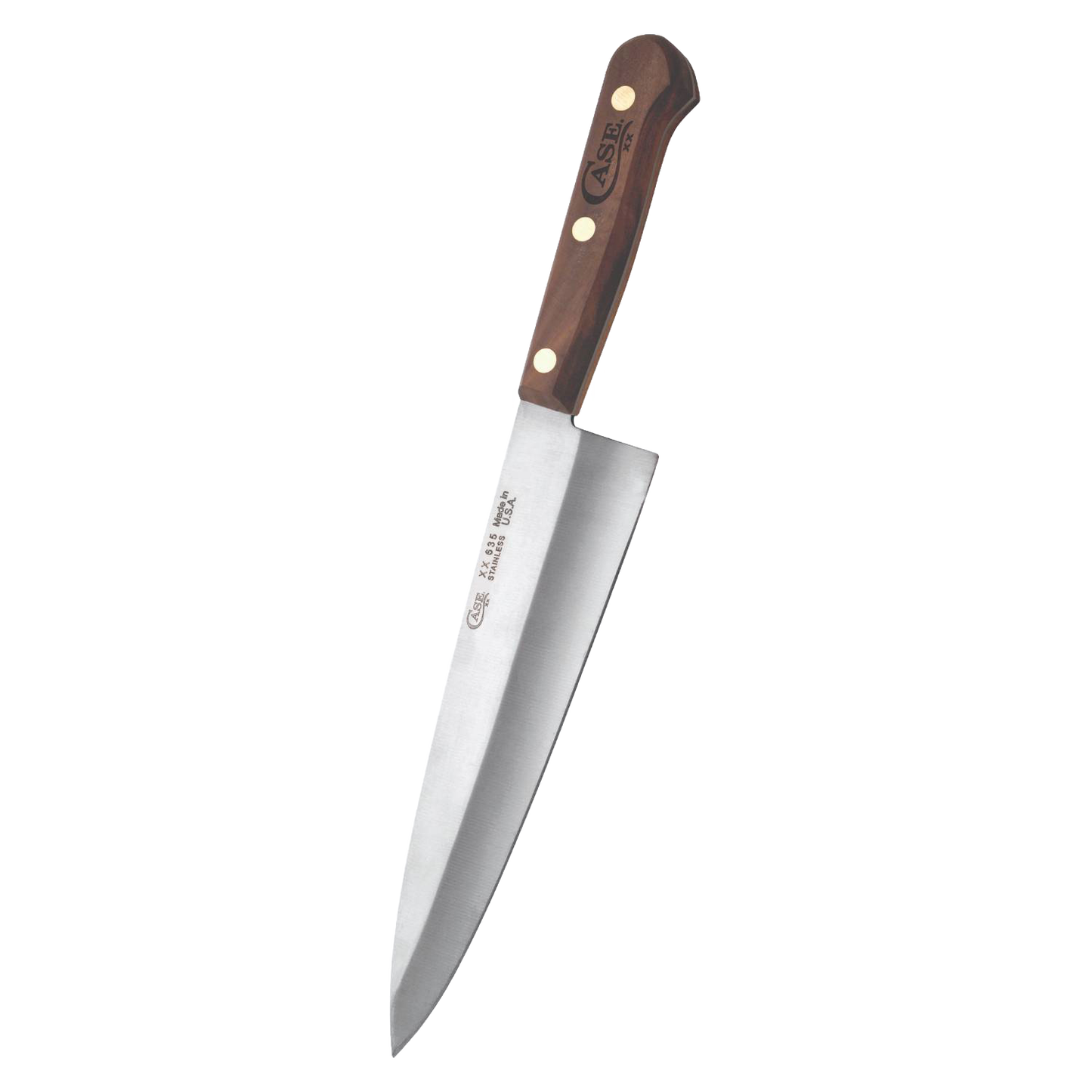 8-inch chef's knife with polished stainless steel blade and dark wood handle featuring brass rivets, crafted in USA for versatile food prep in kitchen knives and farm tool collections.