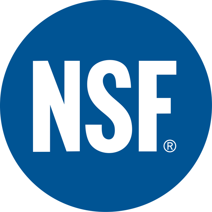 Blue circular NSF certification logo with bold white letters indicating certified water filtration standards for safety and quality in farm, garden, camping, and emergency supplies.
