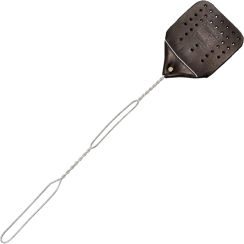 Handcrafted Amish made leather fly swatter with a tanned cowhide head and extended wire handle, perfect for pest control in farm, garden, and household settings.